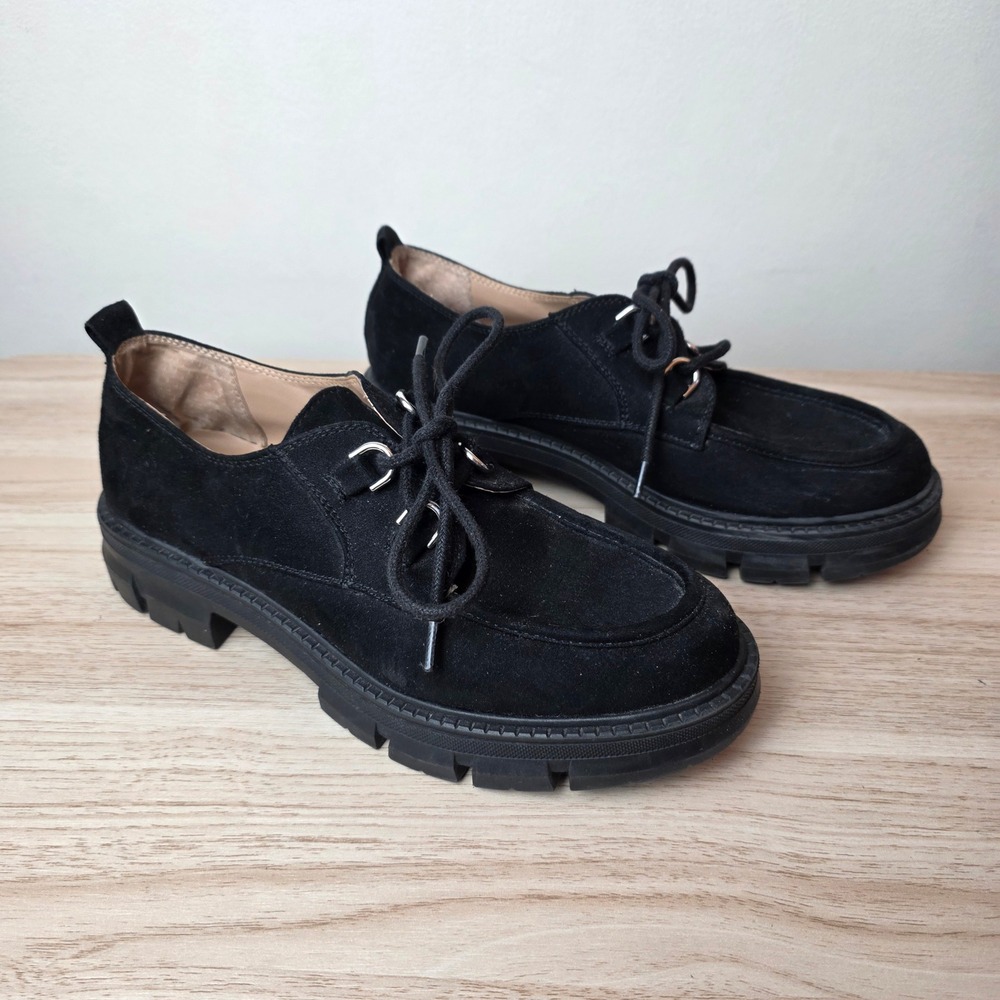 Sun + Stone Lug Sole Oxford Shoes Womens 7.5 Black Good Faux Suede Chunky